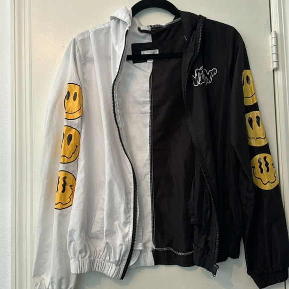 Orange Kiss Black and White Windbreaker Hooded Zip Up Smiley Face Size Small - Picture 4 of 7